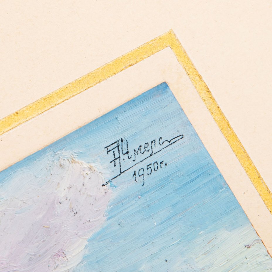 Живописный этюд "Карпаты", картон, масло, паспарту, автор М.Е. Чмель