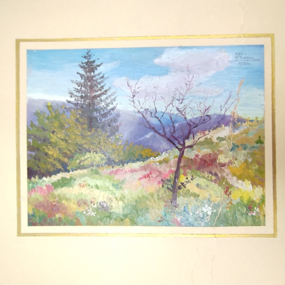 Живописный этюд "Карпаты", картон, масло, паспарту, автор М.Е. Чмель