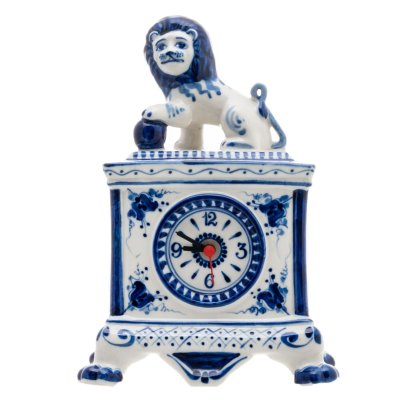 Часы настольные "Слава" (Лев с мячом на пьедестале), фарфор, роспись, авторская работа Осташковой Е., исполнитель Шукова С., Гжель, СССР, 1986-1990 гг.