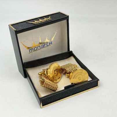 Запонки винтажные круглой формы в оригинальной коробке, металл, золочение, пластик, Monarch (Монарх), Великобритания, 1970-1990 гг.