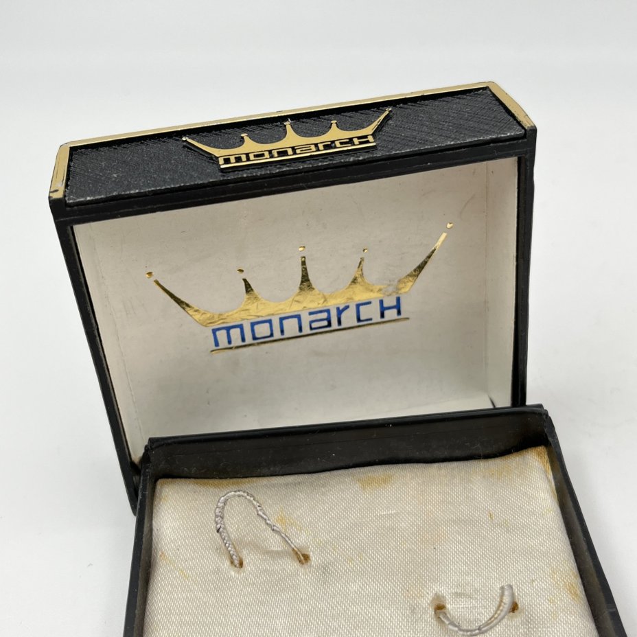 Запонки винтажные круглой формы в оригинальной коробке, металл, золочение, пластик, Monarch (Монарх), Великобритания, 1970-1990 гг.