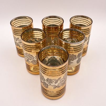 Набор стаканов для прохладительных напитков, украшенных изображением роз на золотом фоне (6 персон), стекло, золочение, Чехословакия, 1970-1990 гг.