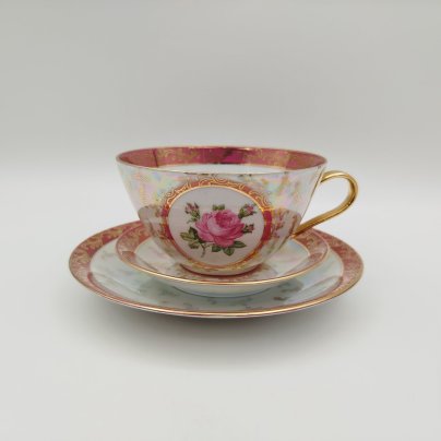 Чайное трио "Роза", фарфор, деколь, люстр, золочение, Volkstedt Beyer & Bock, ГДР, 1948-1980 гг.