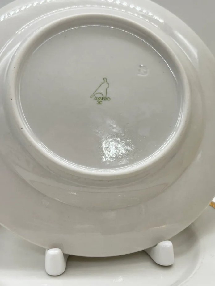 Набор из 3-х тарелок с золотой каймой, фарфор, золочение, Дулевский фарфоровый завод (Дулёво), СССР, 1980 г.