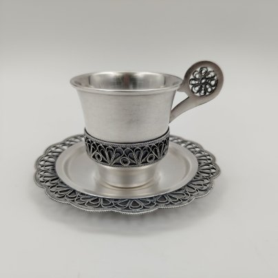 Кофейная пара украшенная ажурным декором, мельхиор (медь-никель), Мстерская художественная фабрика «Ювелир»