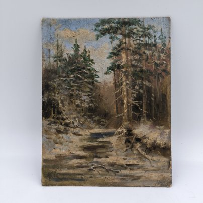 Картина "Зимний пейзаж с елями", неизвестный художник, картон, масло, СССР, 1940-1970 гг.