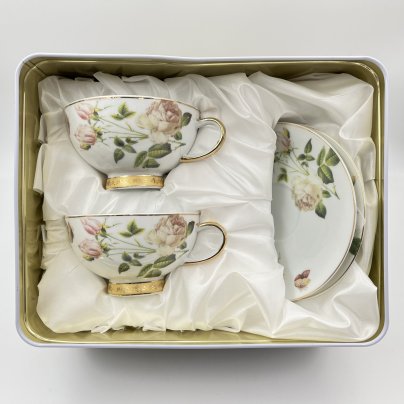 Набор чайных пар винтажный, с цветочным декором на 2 персоны (в подарочной упаковке), Veroni, фарфор, деколь, золочение, Польша, 1990-2010 гг.