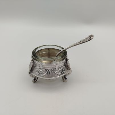 Солонка с ложкой, мНЦ (медь-никель-цинк), стекло (вставка), Мстерский завод художественных изделий «Ювелир», СССР, 1965-1990 гг.