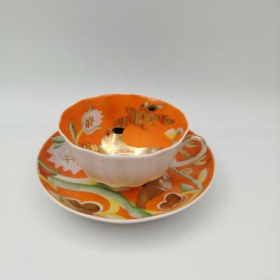 Пара чайная "Золотой олень", автор росписи П.В. Леонов, фарфор, крытье, роспись, золочение, Дулевский фарфоровый завод (Дулёво), СССР, 1952-1964 гг.