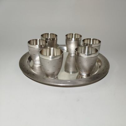 Набор для крепких напитков из 6 стопок и подноса "Березка", мельхиор (медь-никель), СССР, 1970-1990 гг.