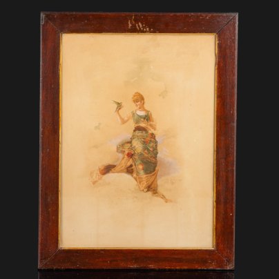 Гравюра "Девушка с птицами", автор Eugène Grivaz