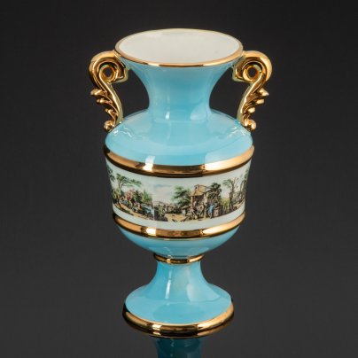 Ваза с ручками, украшенная пасторальным пейзажем, Ceramica le Torri, фаянс, крытье, деколь, золочение