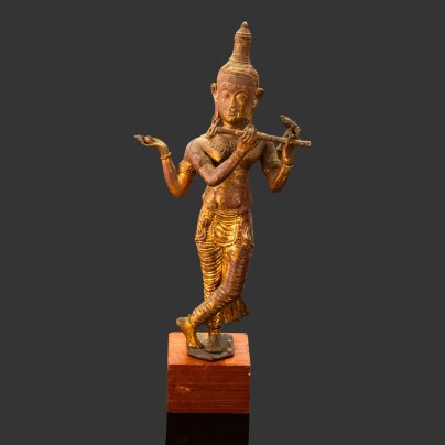 Скульптура "Кришна, играющий на бансури (индийская флейта)", металл, дерево, патинирование, золочение, Азия, 1970-1990 гг.