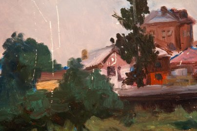 Картина "Пейзаж с рекой и домами", автор Юрий Рыполовский, картон, масло