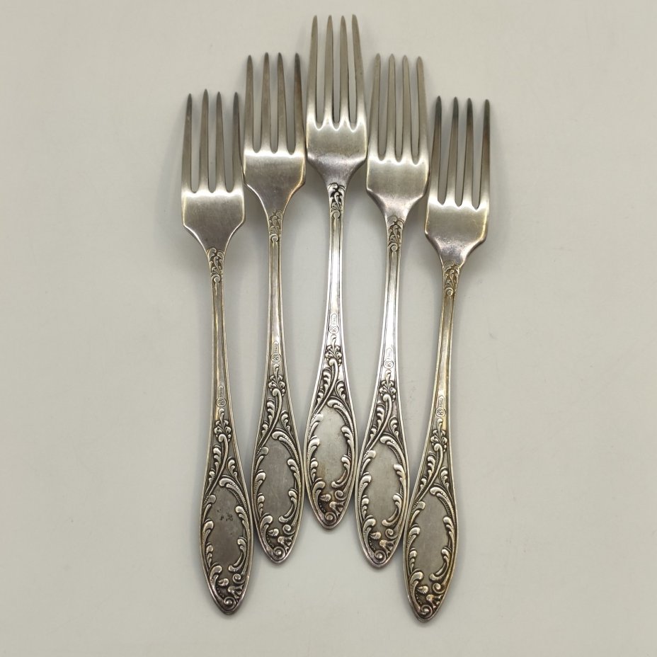 Набор столовых вилок "Пламя" на 5 персон, мНЦ (медь-никель-цинк), Кольчугинский завод цветных металлов, СССР, 1930-1950 гг.