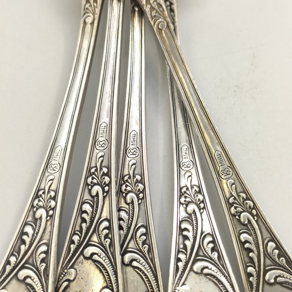 Набор столовых вилок "Пламя" на 5 персон, мНЦ (медь-никель-цинк), Кольчугинский завод цветных металлов, СССР, 1930-1950 гг.