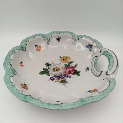 Блюдо сервировочное с цветочным декором и каймой бирюзового оттенка, фарфор, деколь, подрисовка, обводка, Oscar Schlegelmilch, ГДР, 1953-1972 гг.