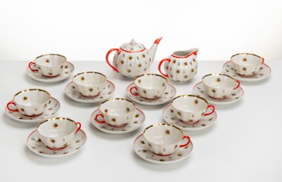Сервиз чайный на 10 персон "Тюльпан ситцевый" (22 предмета), фарфор, деколь, роспись, золочение, Дулевский фарфоровый завод (Дулёво)