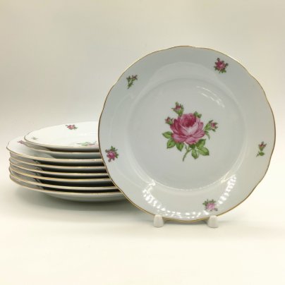 Набор из 6-ти обеденных и 3-х десертных тарелок "Мейсенская роза", фарфор, деколь, золочение, Colditz (Кольдиц), ГДР, 1970-1980 гг.