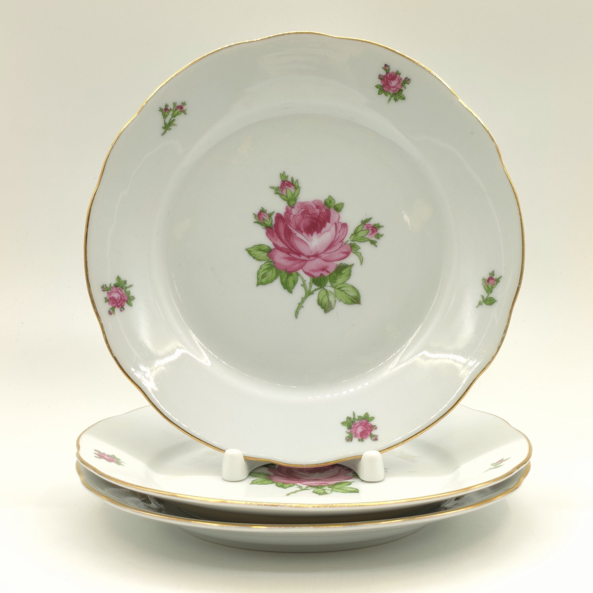 Набор из 6-ти обеденных и 3-х десертных тарелок "Мейсенская роза", фарфор, деколь, золочение, Colditz (Кольдиц), ГДР, 1970-1980 гг.