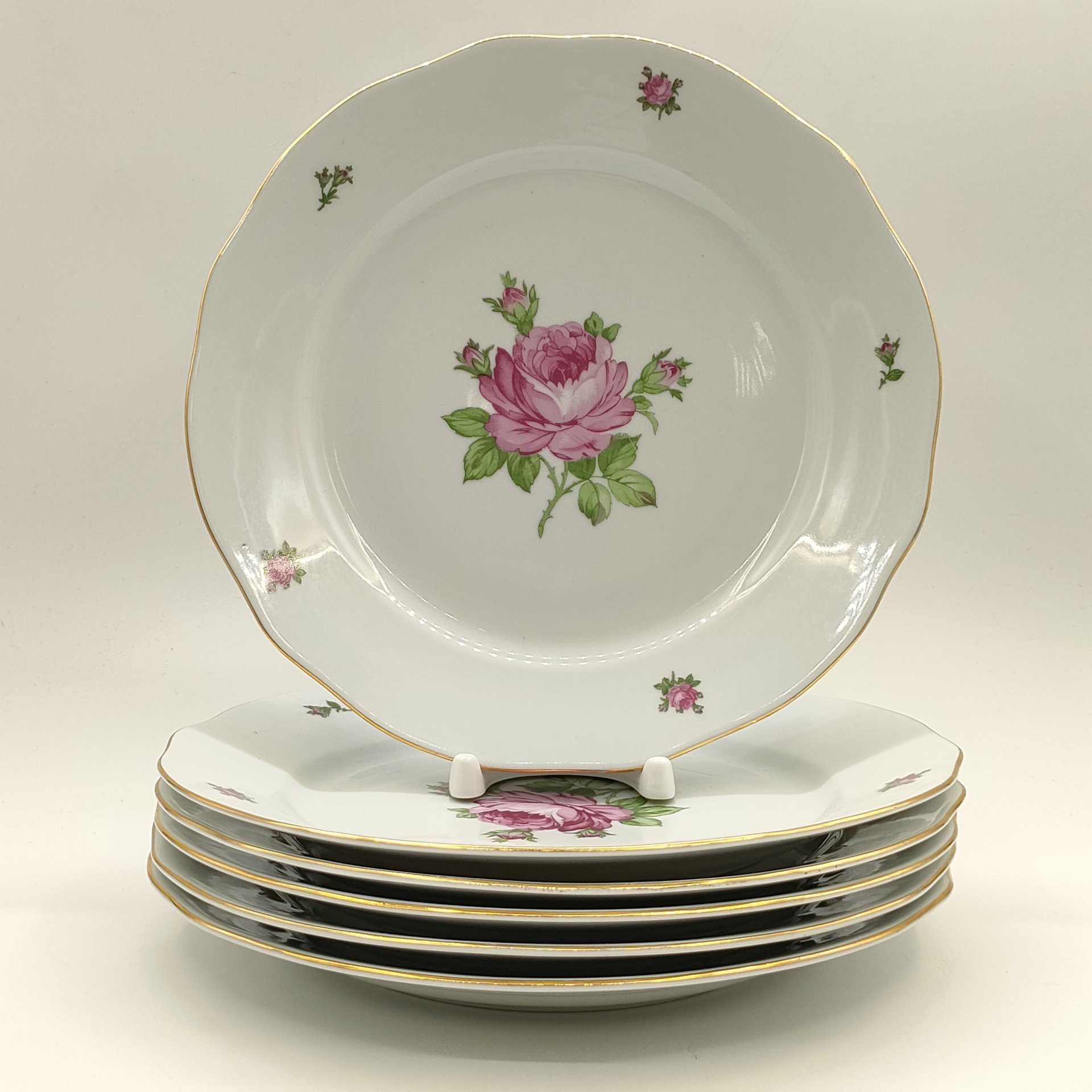 Набор из 6-ти обеденных и 3-х десертных тарелок "Мейсенская роза", фарфор, деколь, золочение, Colditz (Кольдиц), ГДР, 1970-1980 гг.