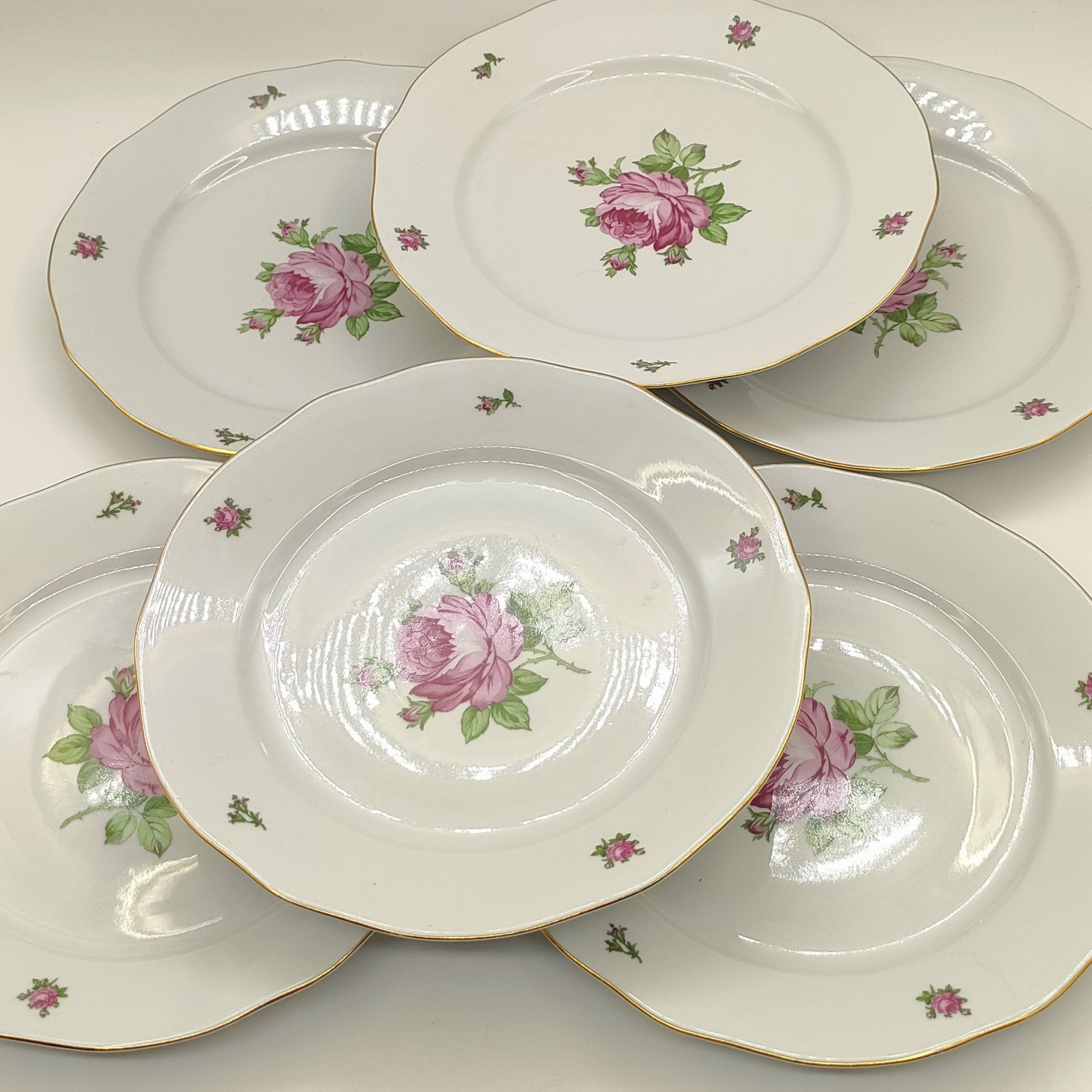 Набор из 6-ти обеденных и 3-х десертных тарелок "Мейсенская роза", фарфор, деколь, золочение, Colditz (Кольдиц), ГДР, 1970-1980 гг.