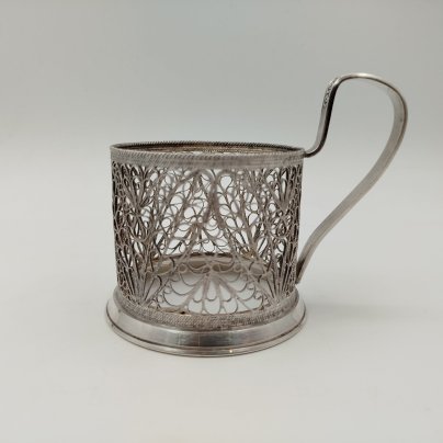 Подстаканник ажурный с растительным декором, мельхиор (медь-никель), скань, Мстерский завод художественных изделий «Ювелир», СССР, 1971 г.