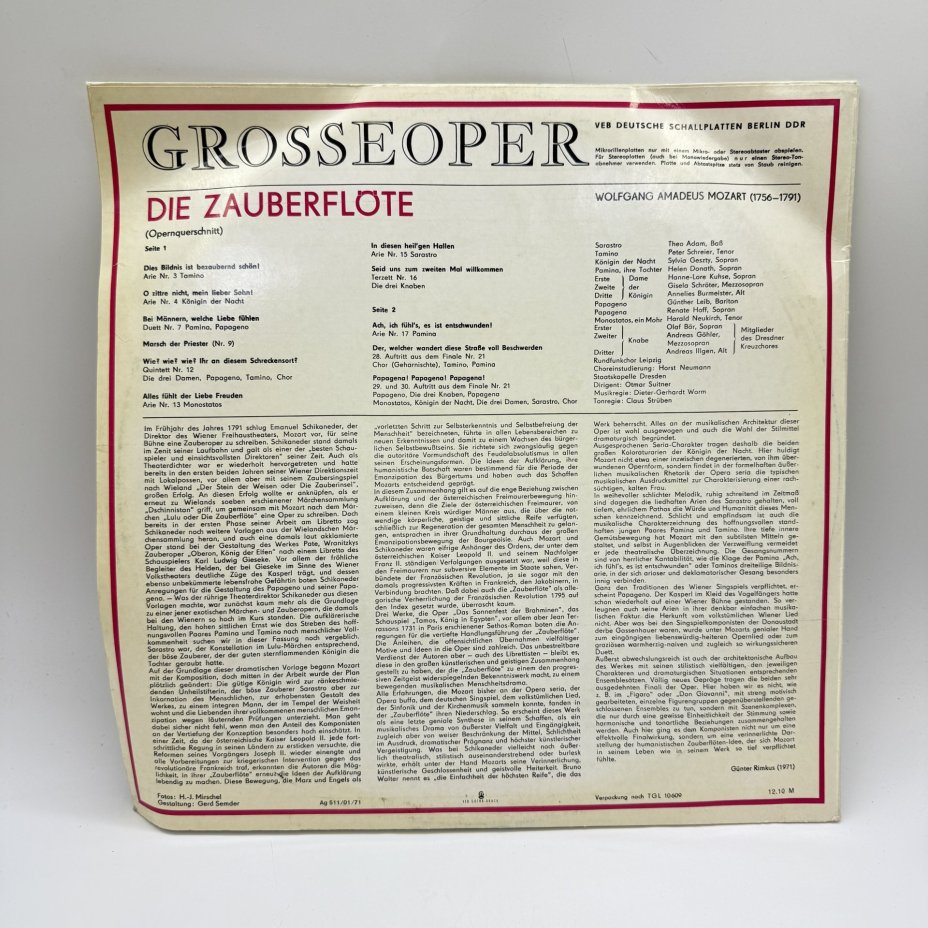 Грампластинка "Grosse Oper - Die Zauberflöte",  LP (Long play), EX (excellent), Eterna, композитный материал, картон