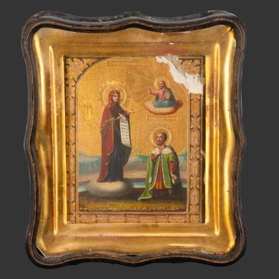 Икона Божией Матери "Боголюбская" с образом св. Андрея Боголюбского (в киоте), дерево, левкас, масло, золочение, эмалевые краски, цировка, стекло, Российская империя, 1890-1915 гг.