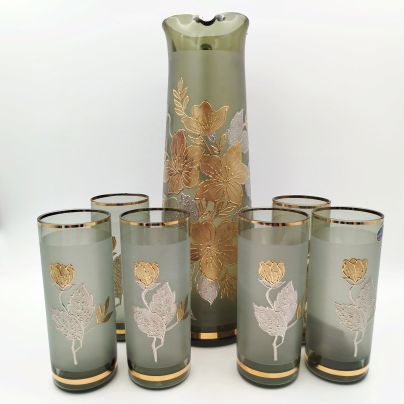 Набор: 6 стаканов и кувшин с растительным орнаментом, стекло, матирование, золочение, Чехия, 1990-2010 гг.