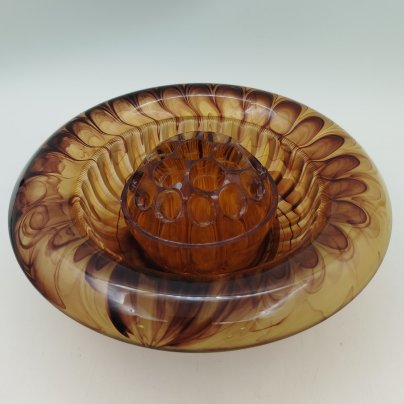 Ваза-подставка для цветов (роуз-боул, rose-bowl) "Amber Cloud", компания "George Davidson & Co", стекло, матовое, пресс, Великобритания, 1920-1930 гг.