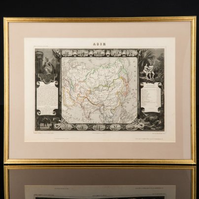 Гравюра "Карта Азии (Asie)" в раме, автор Виктор Левассер (Victor Levasseur), бумага, печать, дерево стекло, Франция, 1840-1860 гг.