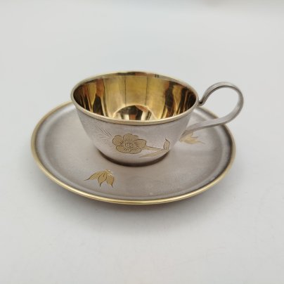 Пара кофейная с цветочным декором (в подборе), мельхиор (медь-никель), золочение, Мстерская художественная фабрика «Ювелир»