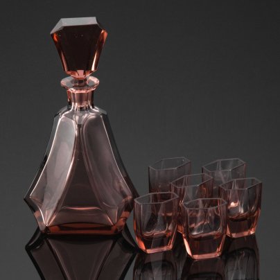 Набор для крепких напитков в стиле Ар-Деко на 6 персон, цветное стекло, Чехословакия, 1950-1960 гг.