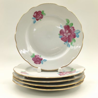 Набор из 5-ти десертных тарелок с цветочным декором, фарфор, деколь, золочение, Дулевский фарфоровый завод (Дулёво), СССР, 1968-1991 гг.
