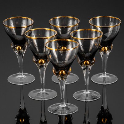 Набор бокалов на 6 персон дымчатого оттенка, стекло, золочение, Чехословакия, 1970-1990 гг.