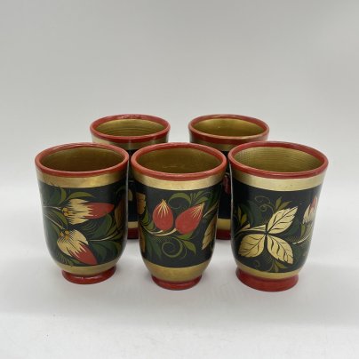 Набор из 5 стаканов/стопок "Хохлома", дерево, роспись, СССР, 1970-1990 гг.