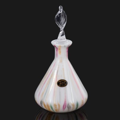 Флакон молочного цвета с разноцветными полосами и витиеватой пробкой, Linea Mary, стекло, гутная техника