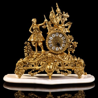 Часы каминные "Урожай" на массивном ажурном основании, "Belo De Bronze", бронза, мрамор, кварцевый механизм