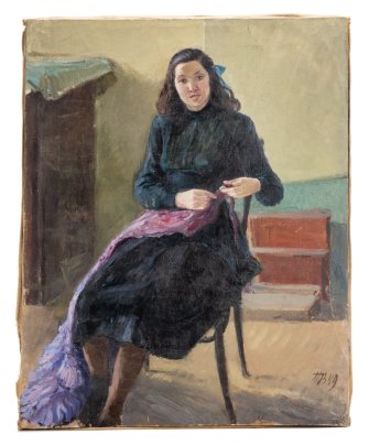 Картина "Портрет девушки", неизвестный художник (ПВ?), холст, масло, СССР, 1949 г.