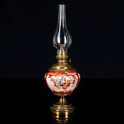 Лампа керосиновая в стили шинуазри, Brevetes L&B (Lempereur & Bernard), латунь, фарфор, роспись, стекло, Бельгия, 1930-1960 гг.