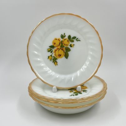 Набор из 2 суповых и 2 десертных тарелок с цветочным декором, цветное стекло, деколь, СССР, 1970-1990 гг.