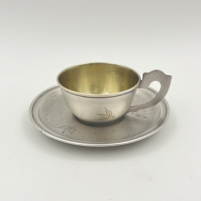Кофейная пара с цветочным декором, мельхиор (медь-никель), золочение, Мстерский завод художественных изделий «Ювелир»