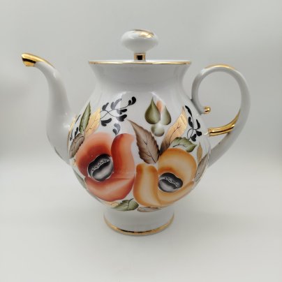 Чайник заварочный (большой) с цветочным декором, фарфор, роспись, золочение, Ленинградский опытный завод (ЛОЗ), СССР, 1984-1991 гг.