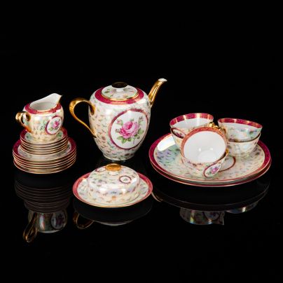 Сервиз чайный "Роза" на 6 персон (23 предмета), фарфор, деколь, люстр, золочение, Volkstedt Beyer & Bock, ГДР, 1948-1980 гг.