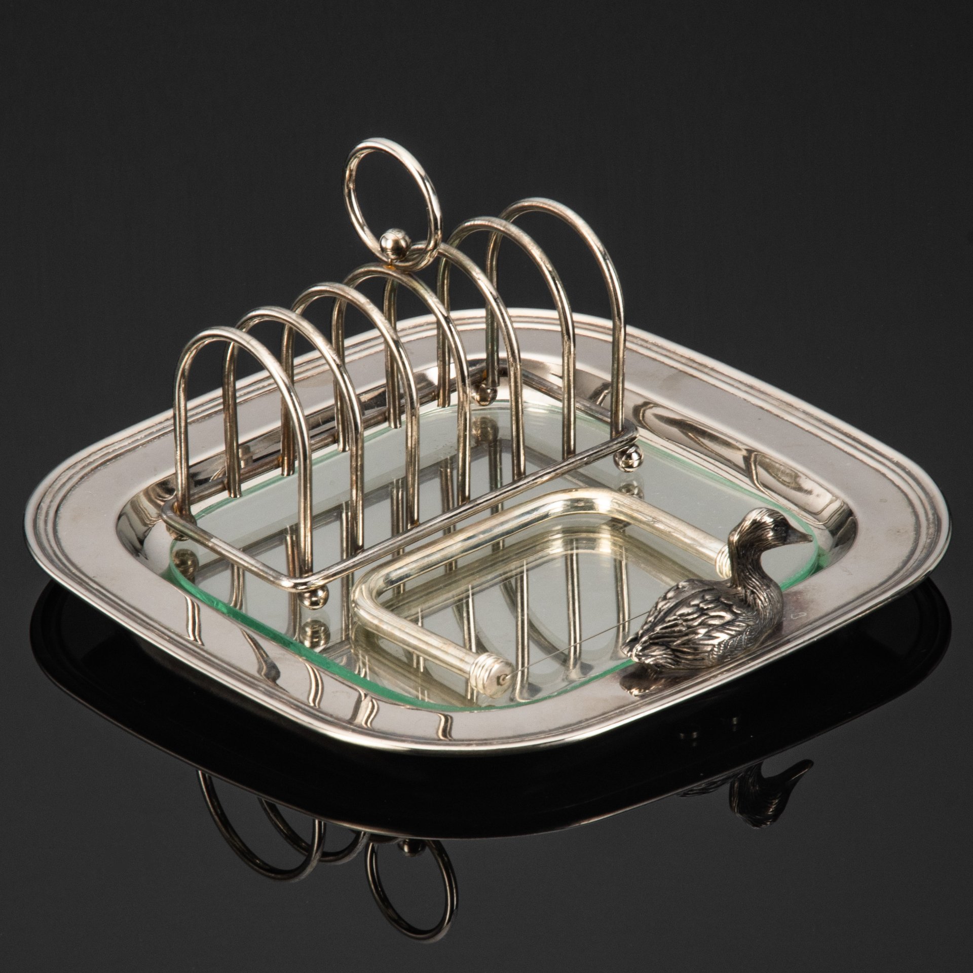 Сервировочный набор  для подачи фуа-гра  украшенный фигурой утки, металл, серебрение, вкладыш (стекло), Европа, 1960-1990 гг.