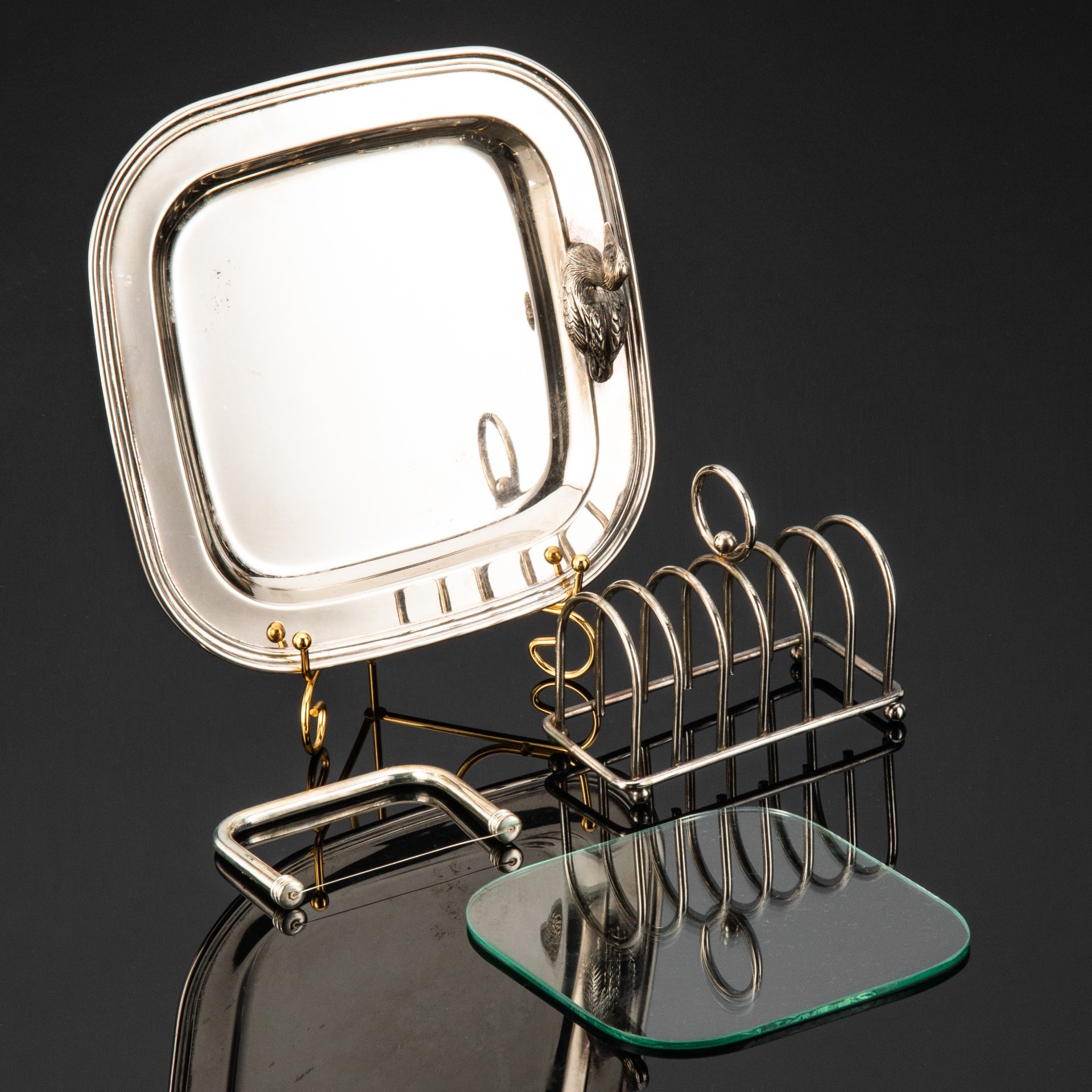 Сервировочный набор  для подачи фуа-гра  украшенный фигурой утки, металл, серебрение, вкладыш (стекло), Европа, 1960-1990 гг.