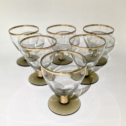Набор из 6 рюмок (фужеров) с декором в виде золотой ленты, стекло, золочение, Европа, 1960-1970 гг.
