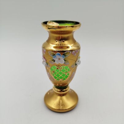 Вазочка зелёного оттенка с лепным цветочным декором, "Bohemian glass", стекло, золочение, мастика, роспись, Чехословакия, 1970-1990 гг.
