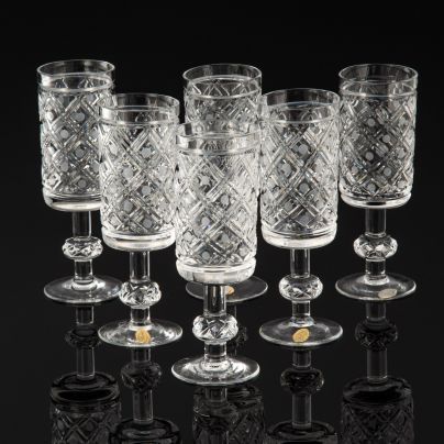 Набор бокалов (фужеров) для шампанского и вина из сервиза "Новогодний" на 6 персон, автор Л.О. Юрген, хрусталь, алмазная грань, Ленинградский завод художественного стекла (ЛЗХС), СССР, 1970-1980 гг.